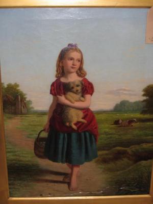 Appraisal: BRITISH SCHOOL Young Girl holding a Dog and a Basket