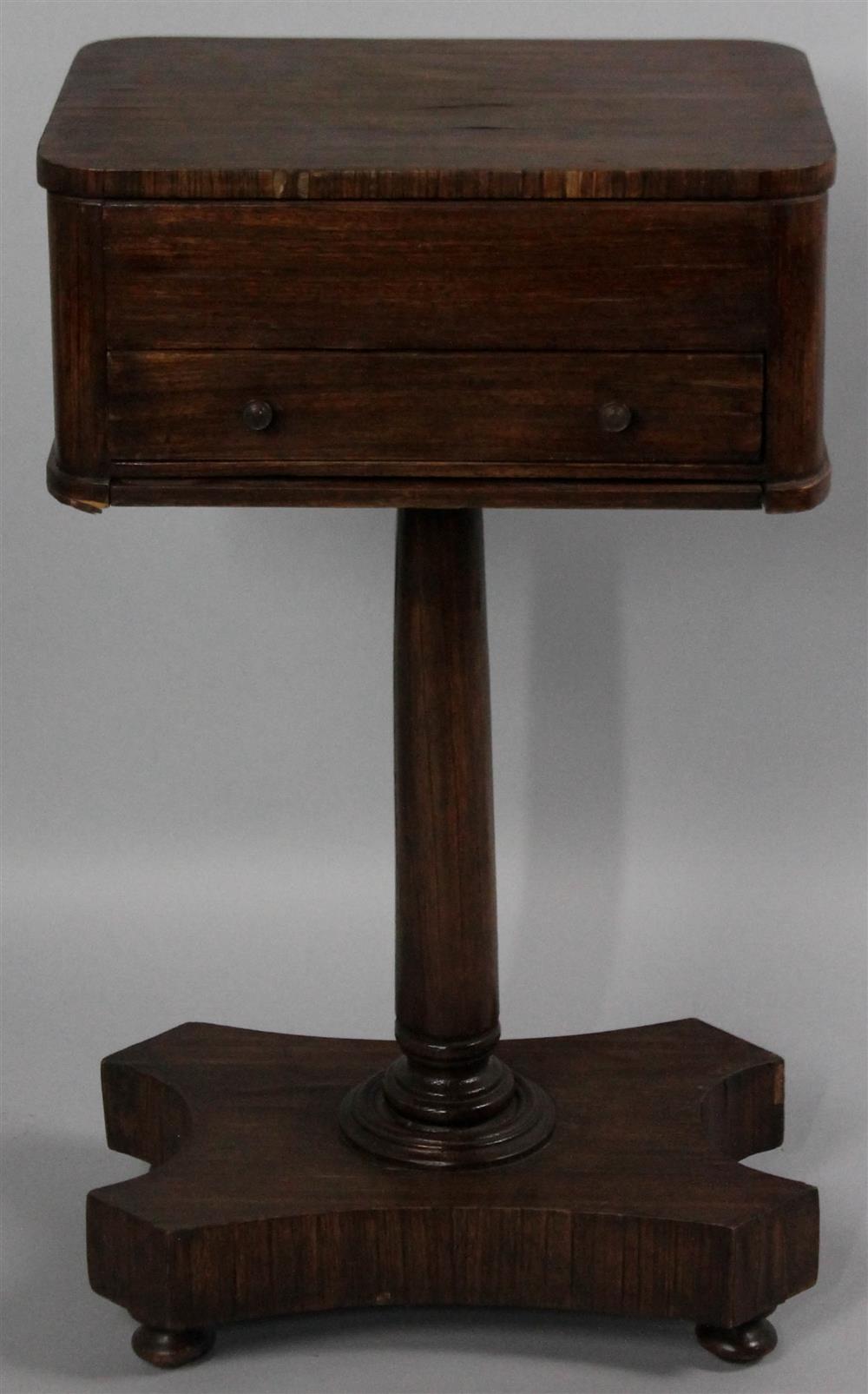 Appraisal: WILLIAM IV ROSEWOOD AND MAHOGANY ONE DRAWER SEWING STAND having