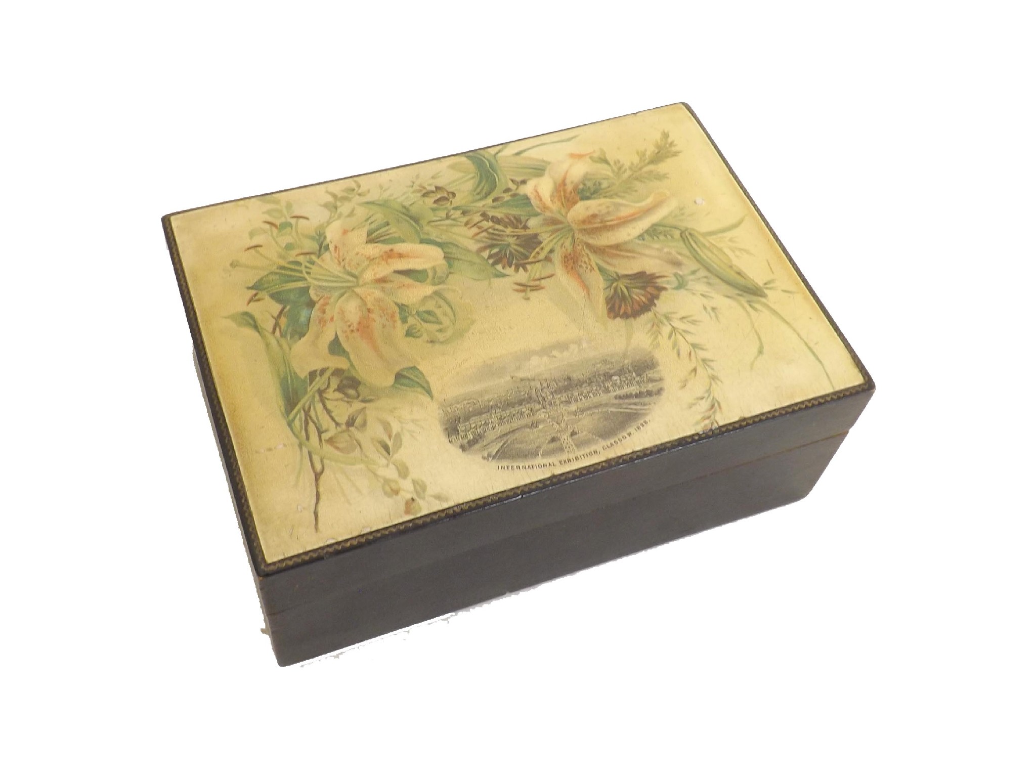 Appraisal: Mauchline ware - rectangular box in black lacquerware depicting the