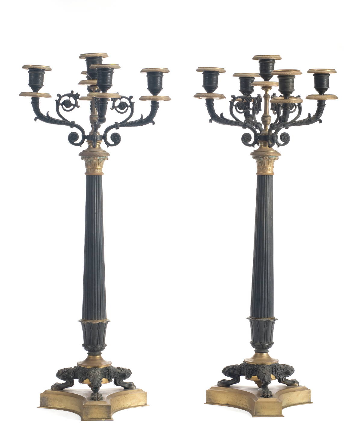 Appraisal: PAIR OF FRENCH GILT-METAL FIVE-LIGHT CANDELABRA OF ROMAN COLUMNAR FORM