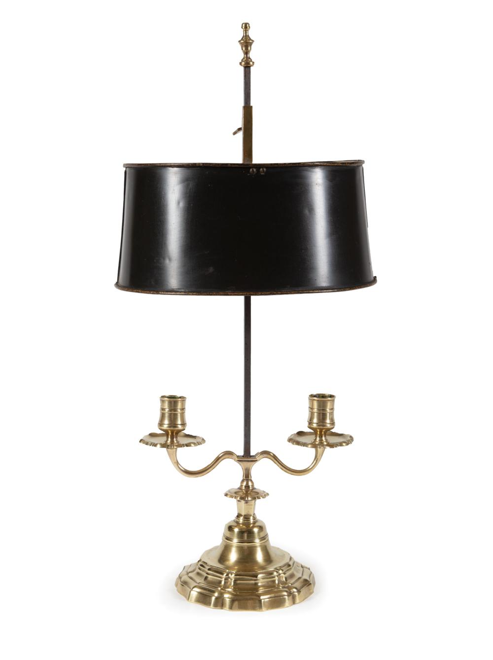 Appraisal: French Two-Light Bouillotte Lamp th c adjustable tole shade brass