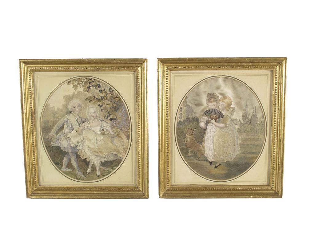 Appraisal: A pair of George IIII silkwork and watercolour pictures