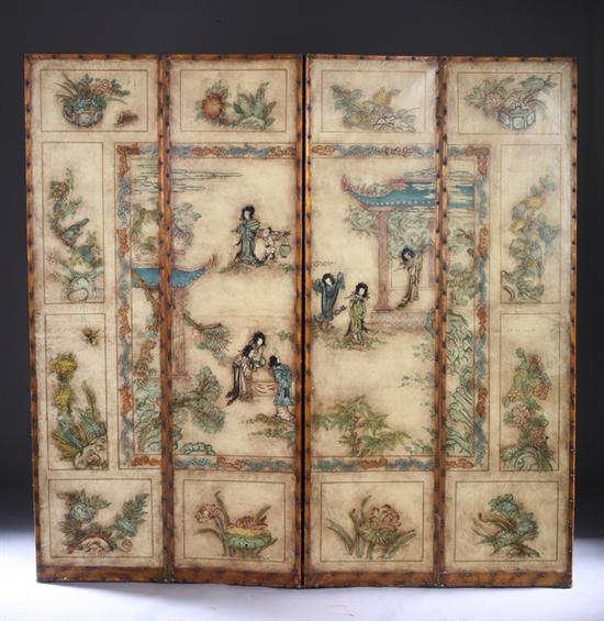 Appraisal: PAINTED LEATHER FOUR-PANEL FLOOR SCREEN th century in the Asian