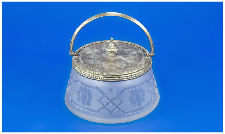 Appraisal: Etched Glass Powder Bowl Silver Plated Lid Rim And Handle