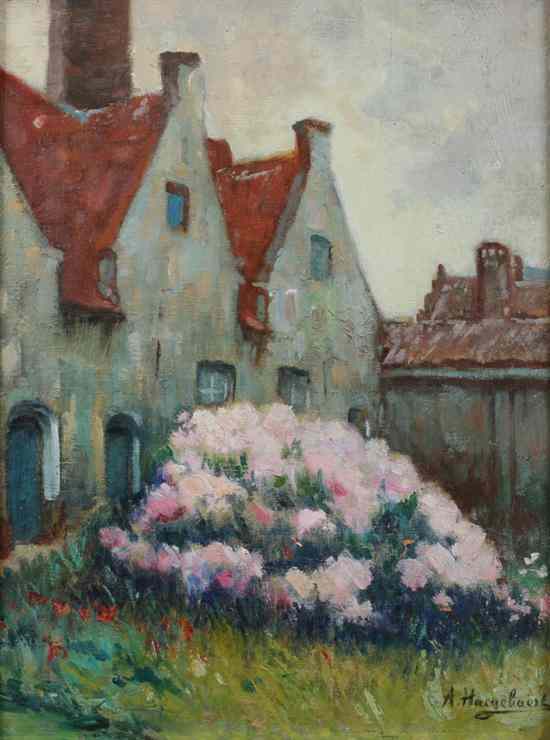 Appraisal: A HAEGHEBAERT Belgian - FARMHOUSE WITH PINK PEONIES signed lower