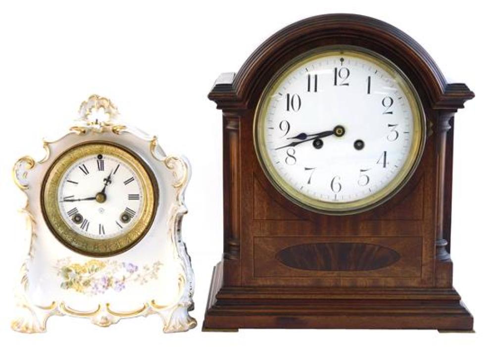 Appraisal: Two clocks Ansonia china clock white porcelain with gilt embellishments