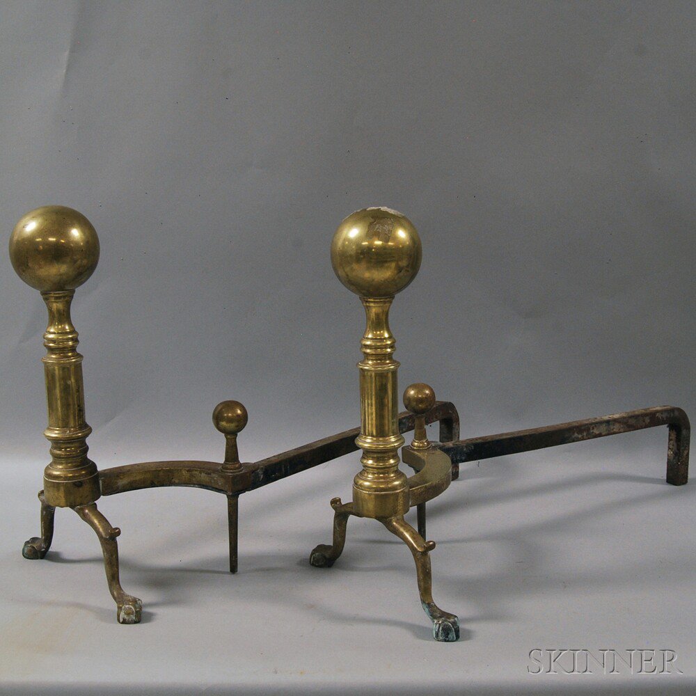 Appraisal: Large Pair of Brass Ball-top Andirons late th early th