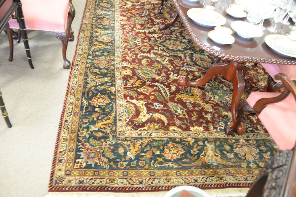 Appraisal: Room size oriental carpet green and reds ' x '