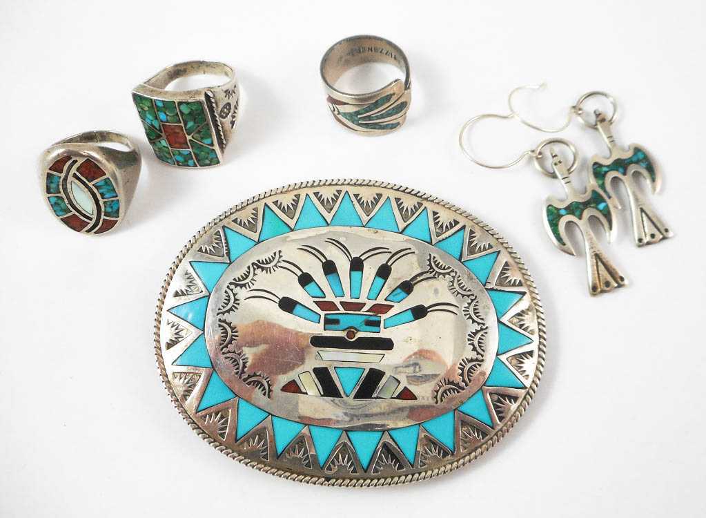 Appraisal: SIX PIECES SOUTHWEST NATIVE AMERICAN JEWELRY silver rings inlaid with