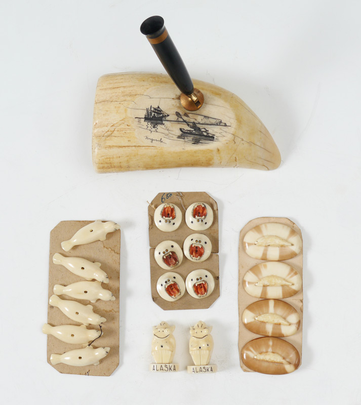 Appraisal: COLLECTION OF ALASKAN IVORY ITEMS To include Nuguruk signed scrimshaw