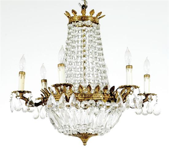 Appraisal: Empire style crystal and brass six-light chandelier circa brass collars