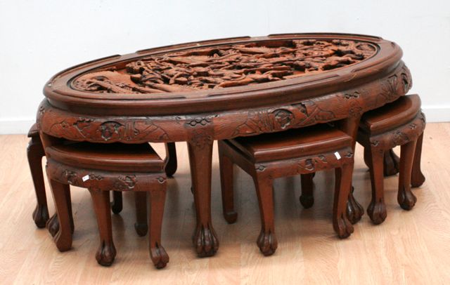 Appraisal: A th century Chinese heavily carved coffee table with six