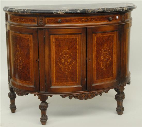 Appraisal: PAIR MARBLE TOPPED DEMILUNE SERVER Mahogany with center double doored