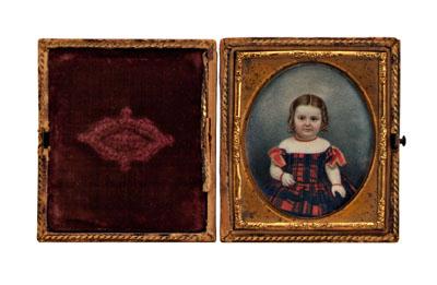 Appraisal: Miniature portrait of child child wearing plaid dress coral necklace