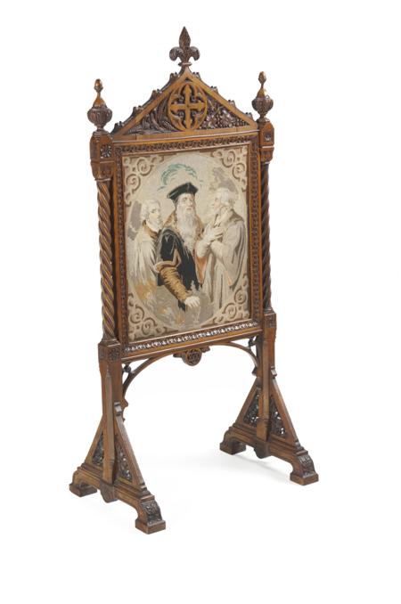 Appraisal: FRENCH GOTHIC REVIVAL FIRESCREEN CIRCA walnut elaborately carved the pedimented