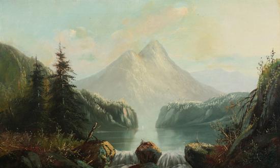 Appraisal: AMERICAN SCHOOL th century MOUNTAIN LANDSCAPE WITH WATERFALL oil on