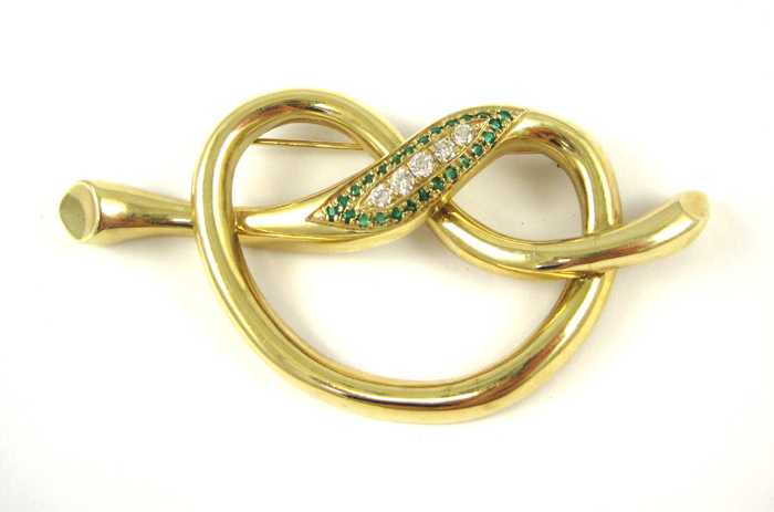 Appraisal: EMERALD DIAMOND AND FOURTEEN KARAT GOLD BROOCH The heavy yellow