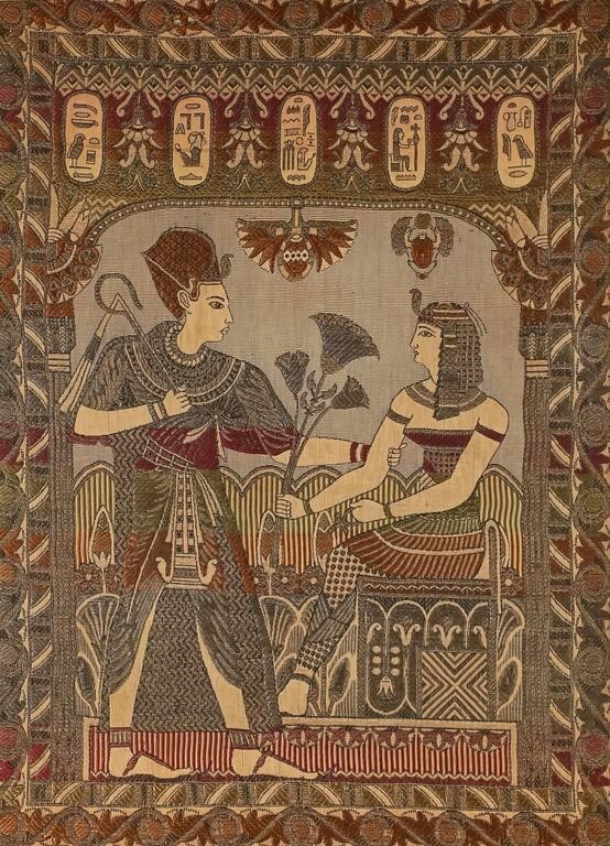 Appraisal: Egyptian revival woven textile panel mounted on board Toning to