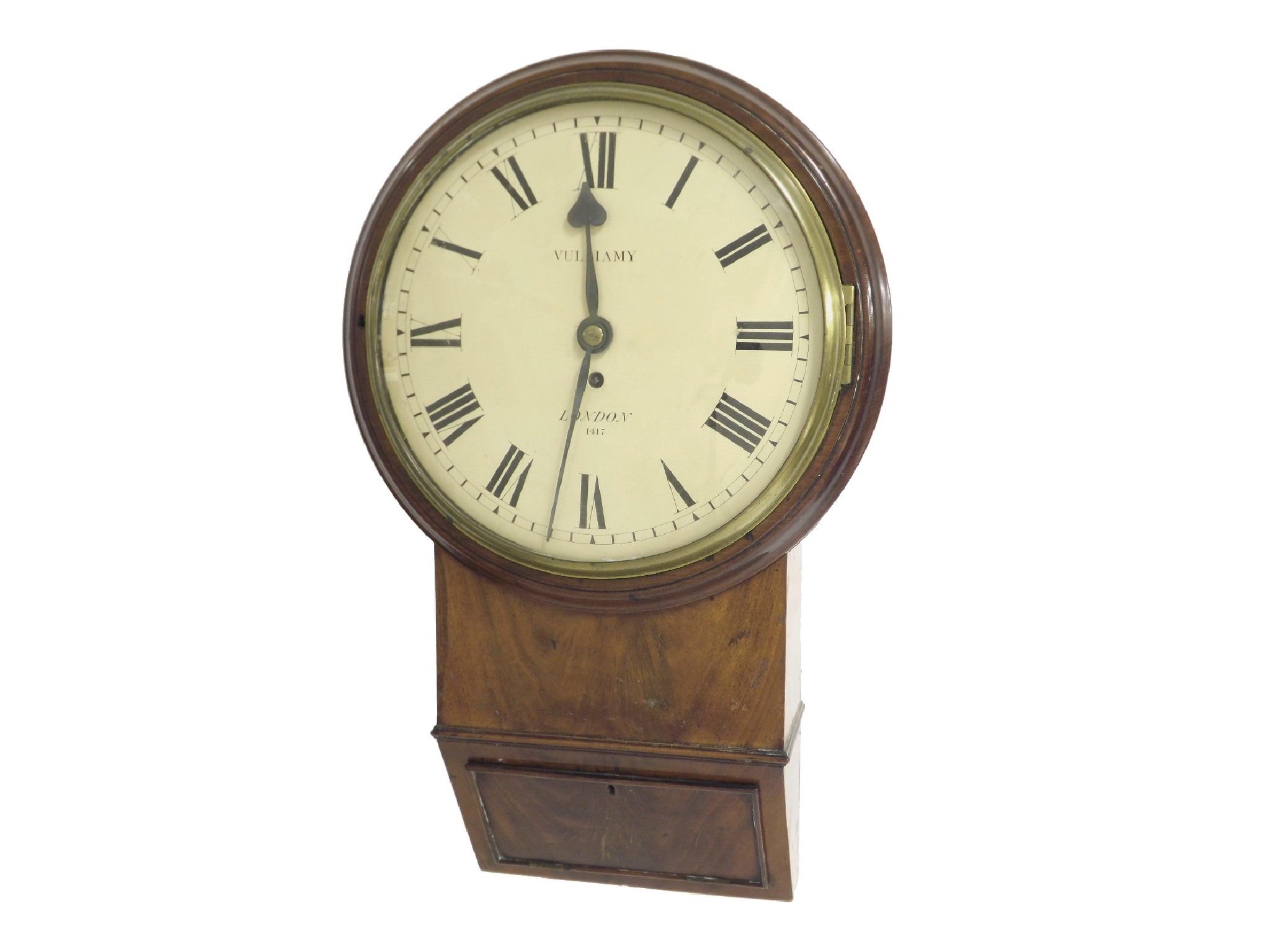 Appraisal: English mahogany single fusee drop dial wall clock the cream