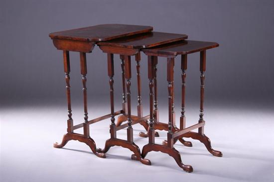 Appraisal: THREE GEORGE I-STYLE BURL WALNUT NESTING TABLES th century Each