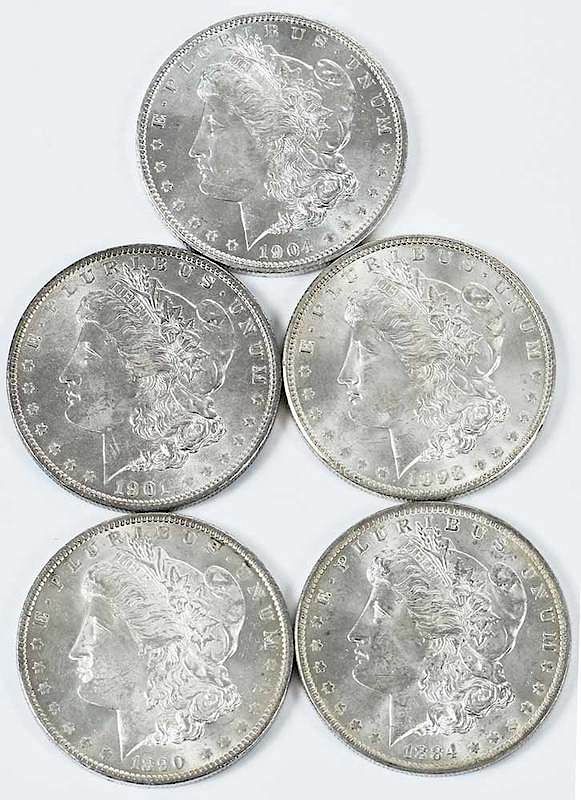 Appraisal: Five Uncirculated New Orleans Morgan Dollars -O -O -O -O