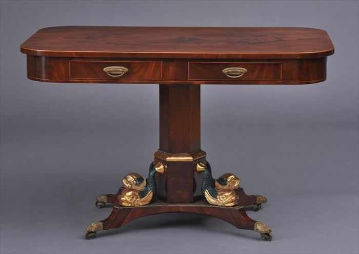 Appraisal: REGENCY INLAID MAHOGANY LIBRARY TABLE The quarter-veneered top with line