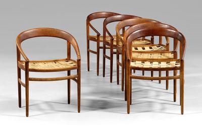 Appraisal: Set of six Danish modern armchairs walnut and oak each