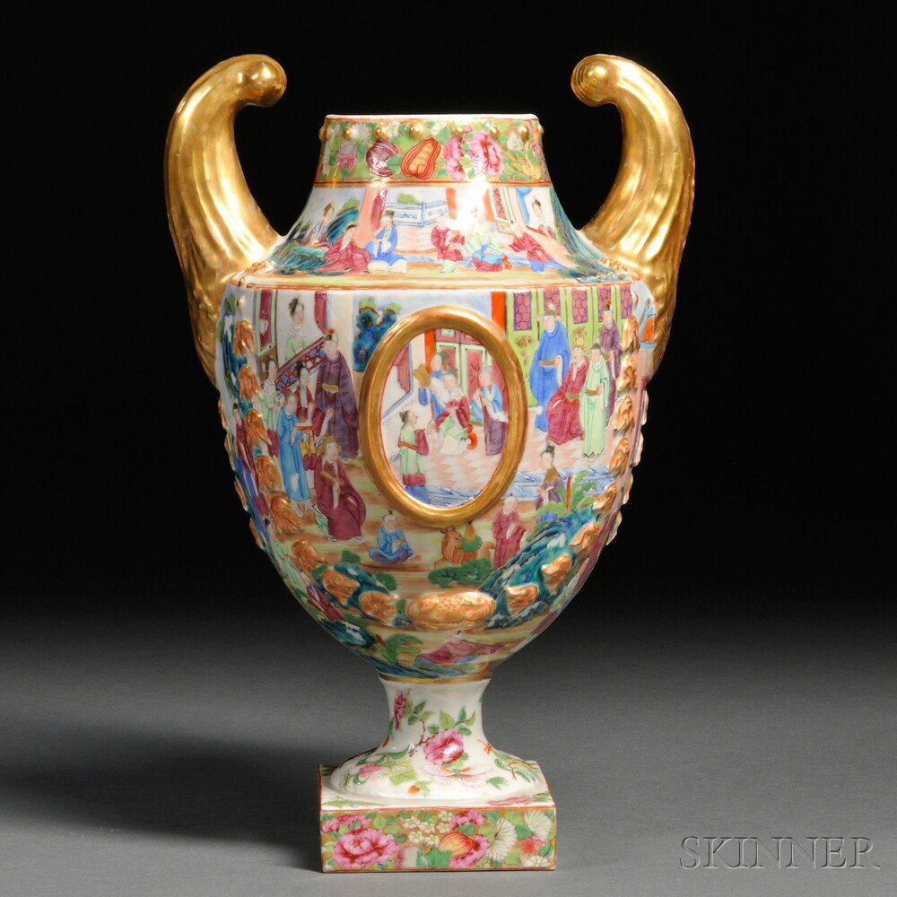 Appraisal: Rose Mandarin Porcelain Urn China early th century with gilt