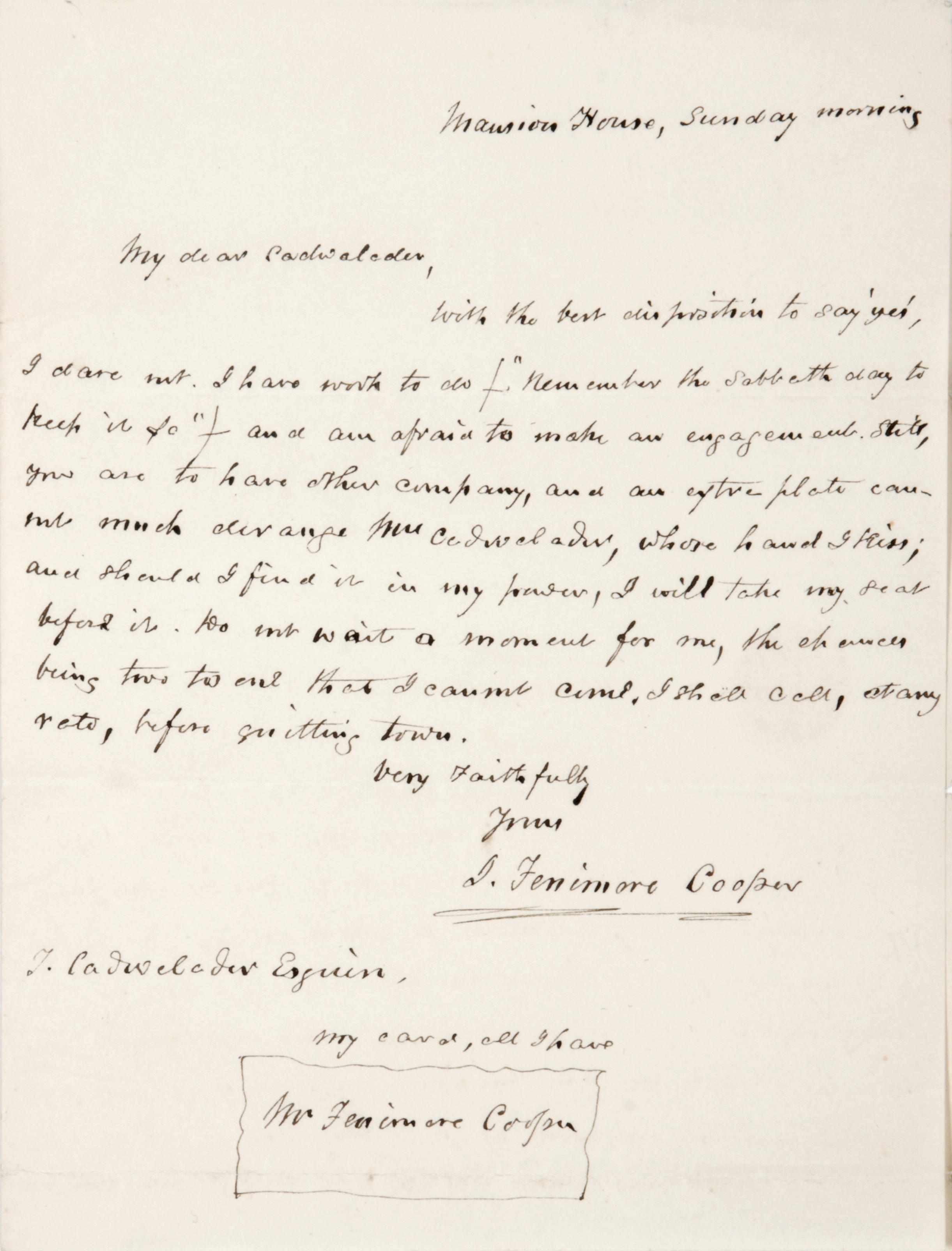 Appraisal: COOPER JAMES FENIMORE - Autograph Letter Signed ''J Fenimore Cooper''