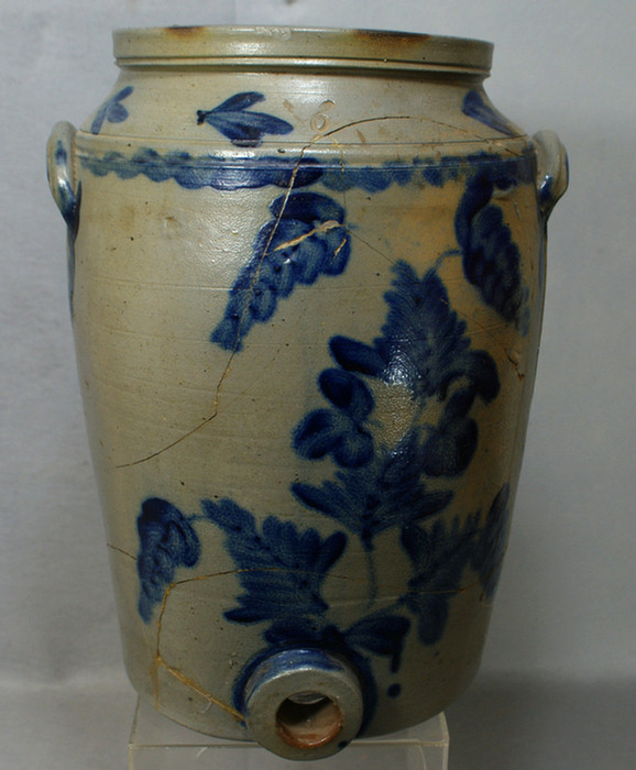 Appraisal: gallon blue decorated stoneware water cooler multiple cracks and damage