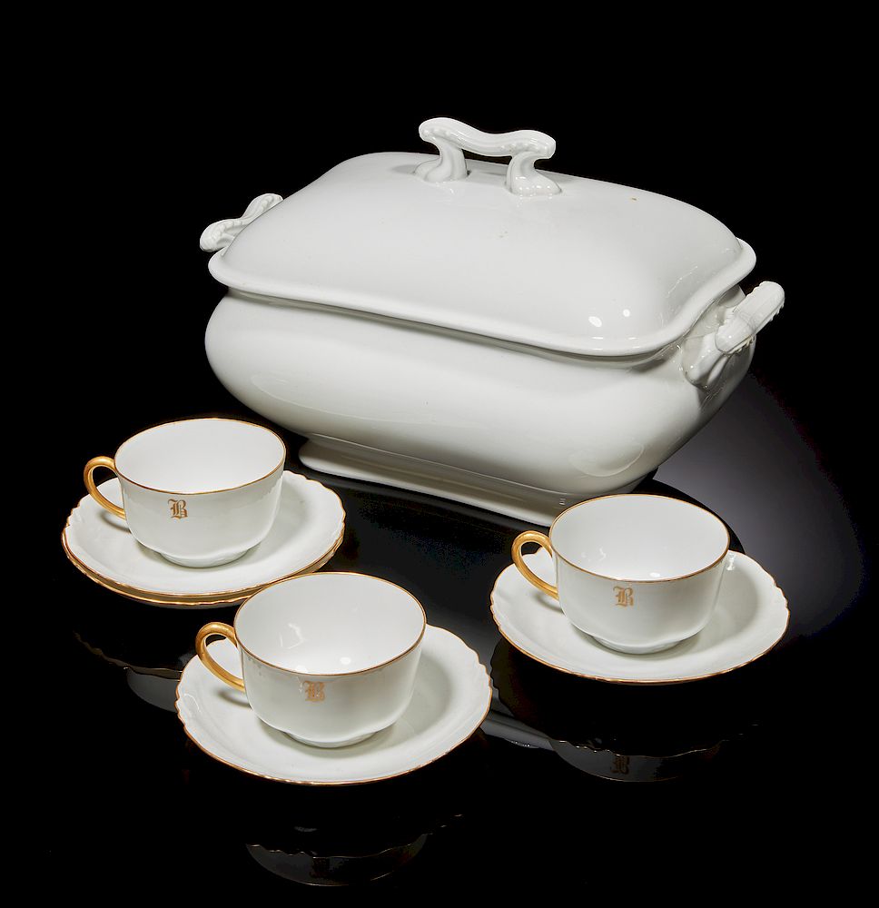 Appraisal: Soup Tureen and Tea Cups Saucers Covered white Maddock Co