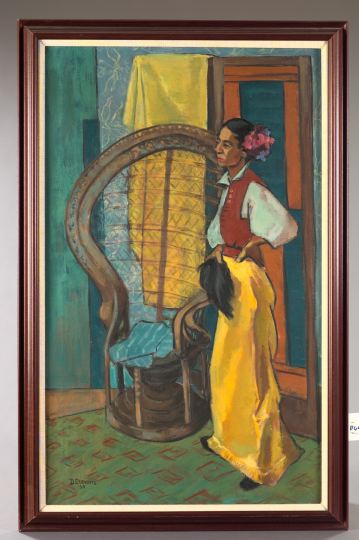 Appraisal: American School Mid- th Century Woman Standing by a Wicker