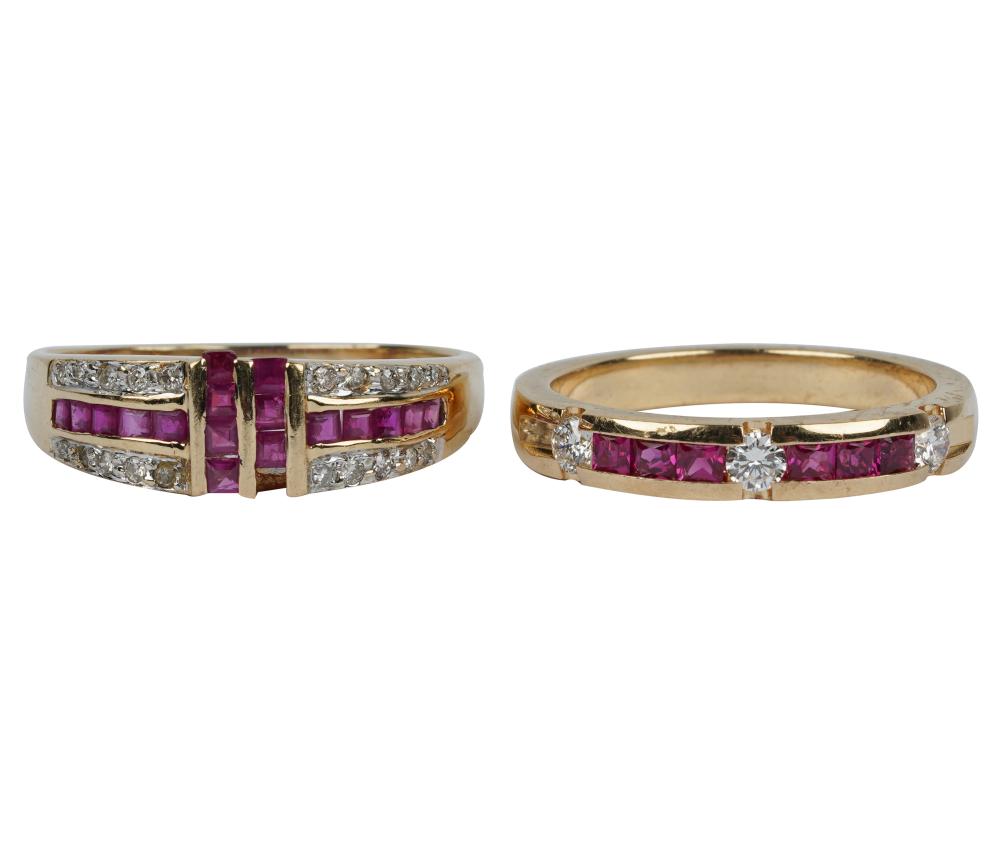 Appraisal: TWO KARAT YELLOW GOLD DIAMOND RUBY BAND RINGSone containing full