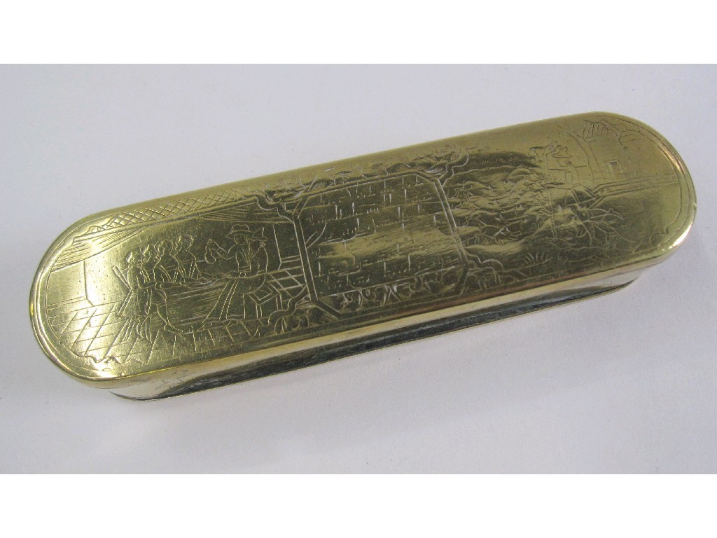 Appraisal: Etched brass tobacco tin probably Dutch