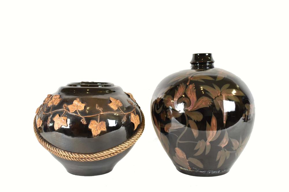 Appraisal: TWO LARGE FOLIATE DECORTATED BROWN GLAZED VASESModern Possibly Japanese The