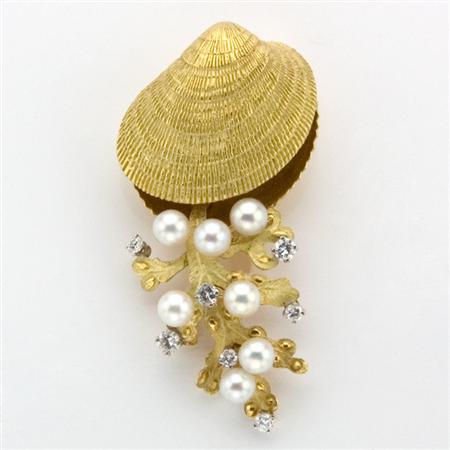 Appraisal: Gold Diamond and Pearl Shell Brooch Tiffany Co Estimate -