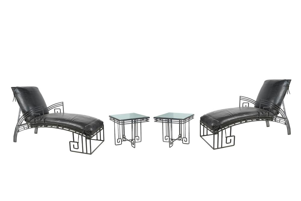 Appraisal: PAIR OF IRON CHAISE LOUNGES TWO SIDE TABLEStables with glass