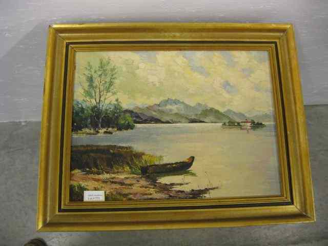 Appraisal: Landscape boat along the shore mountains in distance signed H