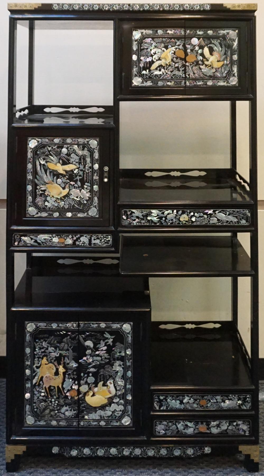 Appraisal: Korean Mother of Pearl Inlaid Black Lacquered Etagere x x