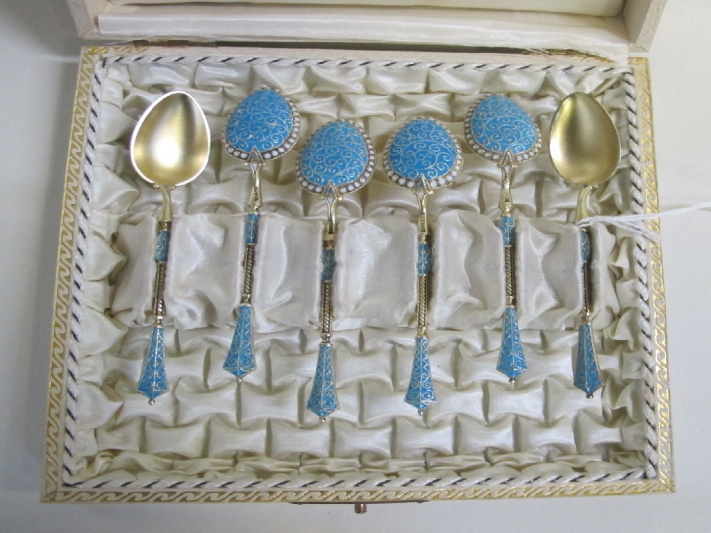 Appraisal: Cased set of six continental silver gilt and enamel spoons