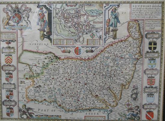 Appraisal: John Speed Hand coloured engraved map of Suffolke With Royal