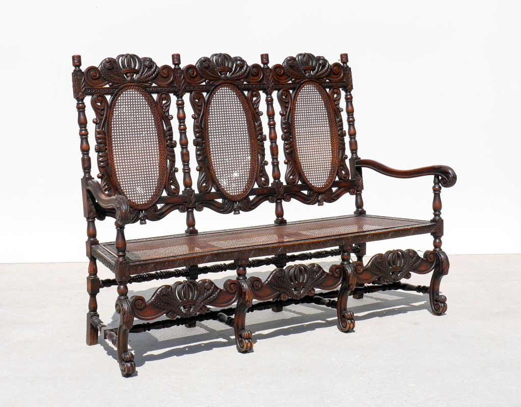 Appraisal: TH CENTURY SCOTTISH CARVED THISTLE DESIGN BENCH Caned triple medallion