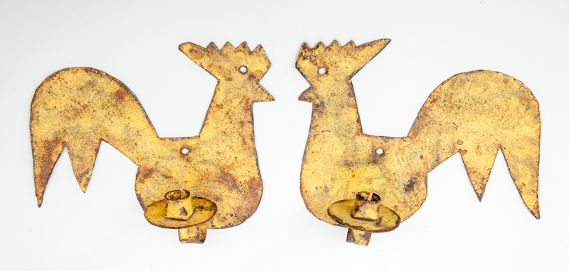 Appraisal: PAIR OF YELLOW PAINTED CUT-SHEET-METAL ROOSTER-BACK SINGLE-LIGHT WALL SCONCES x