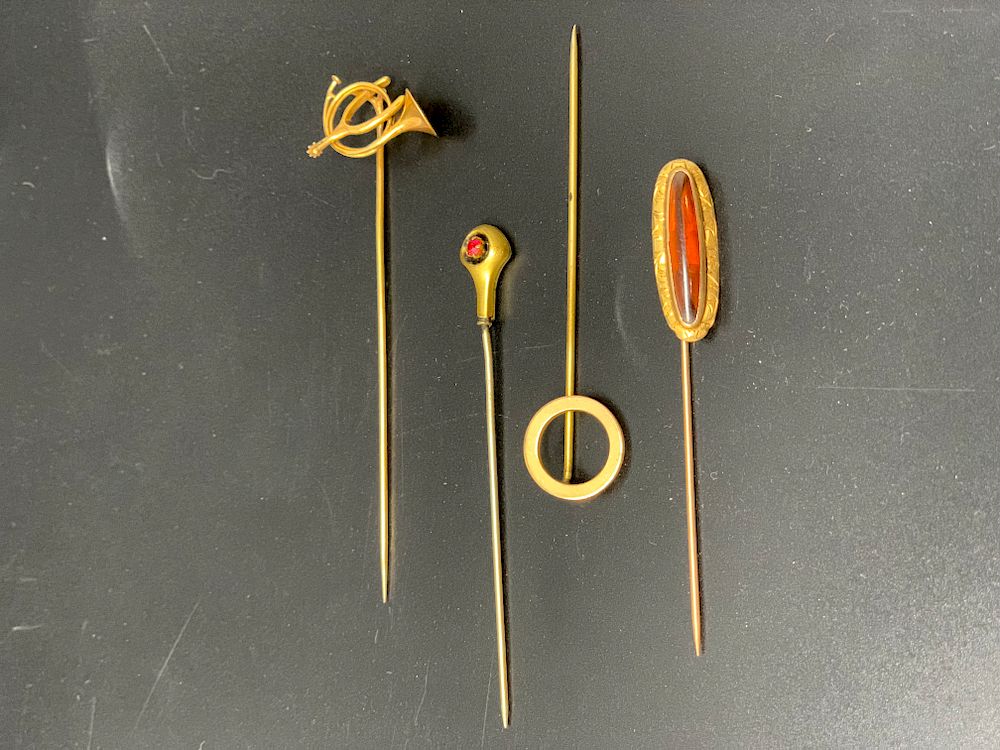 Appraisal: Four Gold Stick Pins Including Circle Design Hunting Horn Pink