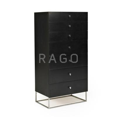 Appraisal: ROUGIER Tall chest France s Lacquered wood and chromed steel