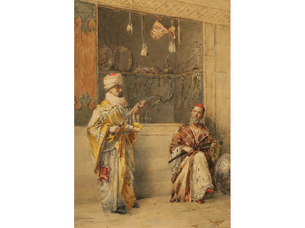 Appraisal: E BONANNI Two Arab gentlemen outside an armory signed and