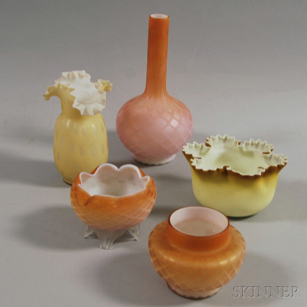 Appraisal: Five Pieces of Peach and Yellow Victorian Satin Glass three