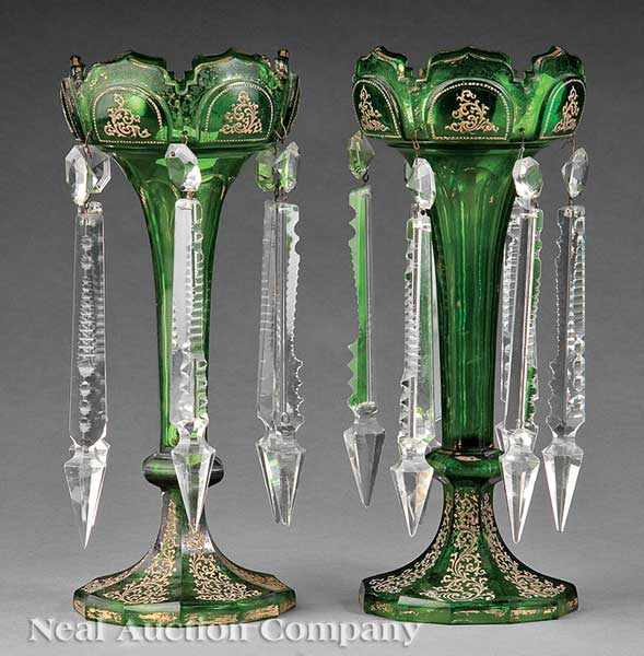 Appraisal: A Pair of Continental Gilt and Enameled Green Glass Lustres