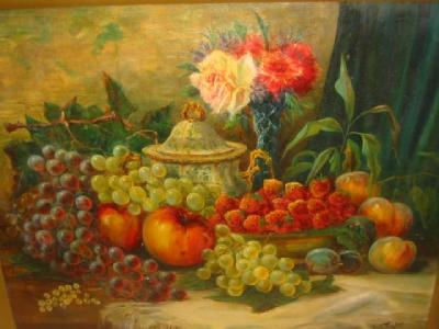 Appraisal: CHARLES E TAYLOR Still Life with Fruit China and Glass