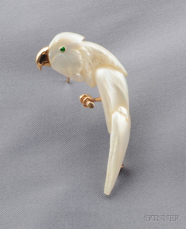 Appraisal: Freshwater Pearl Parrot Brooch with green stone eye gold mount